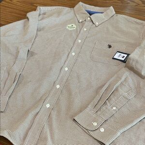 NWT U.S. Polo Assn. Men's Tan and Brown Micro-Check Button-Down Shirt